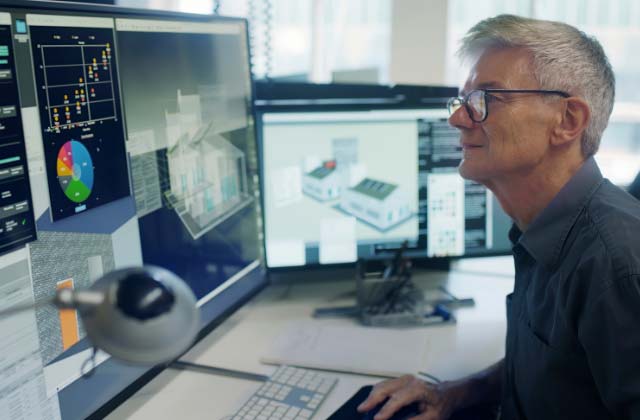 Foto de un arquitecto trabajando con un programa de CAD en su oficina.