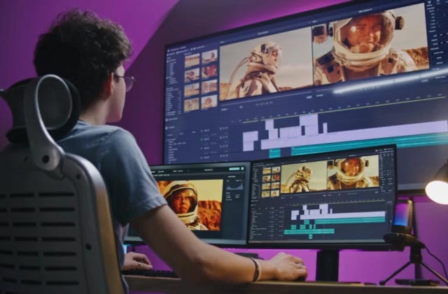 snt-servicios-ordenadores-para-edicion-de-video Persona editando vídeo en un ordenador con multi pantalla