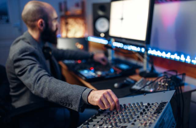 snt-servicios-ordenadores-produccion-audio Foto de un productor musical editando una canción con su ordenador y la mesa de mezclas